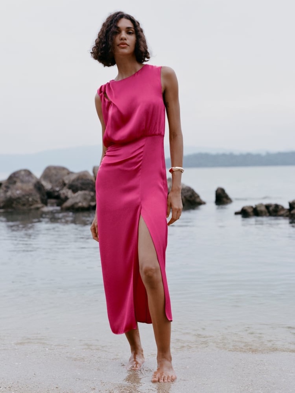 Zara NWT Fuchsia Sleeveless Midi Dress with Side Slit